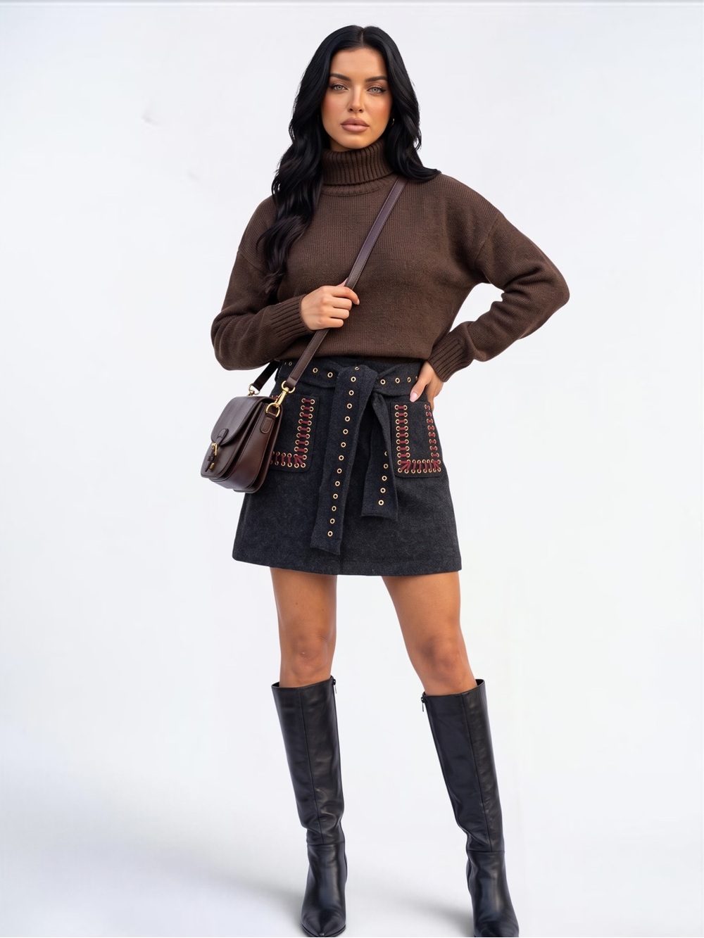 ANTHROPOLOGIE Rosie Neira Belted Eyelet Solid A-Line Wool Boho Mini Skirt NWT S